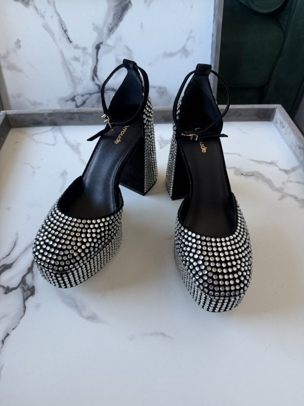 NEW Larroudé Ari Crystal Platform Pumps in Black Silver Size 9 - Picture 5 of 9